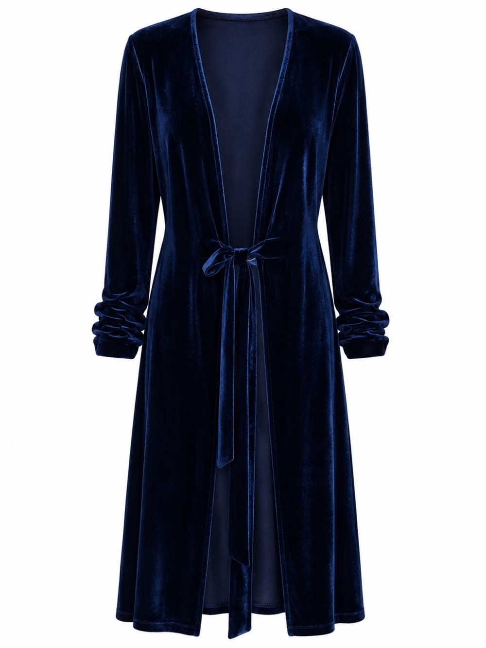 Vintage Deep Navy Velvet Robe Mid Length Duster Cardigan Kimono Tie Waist M